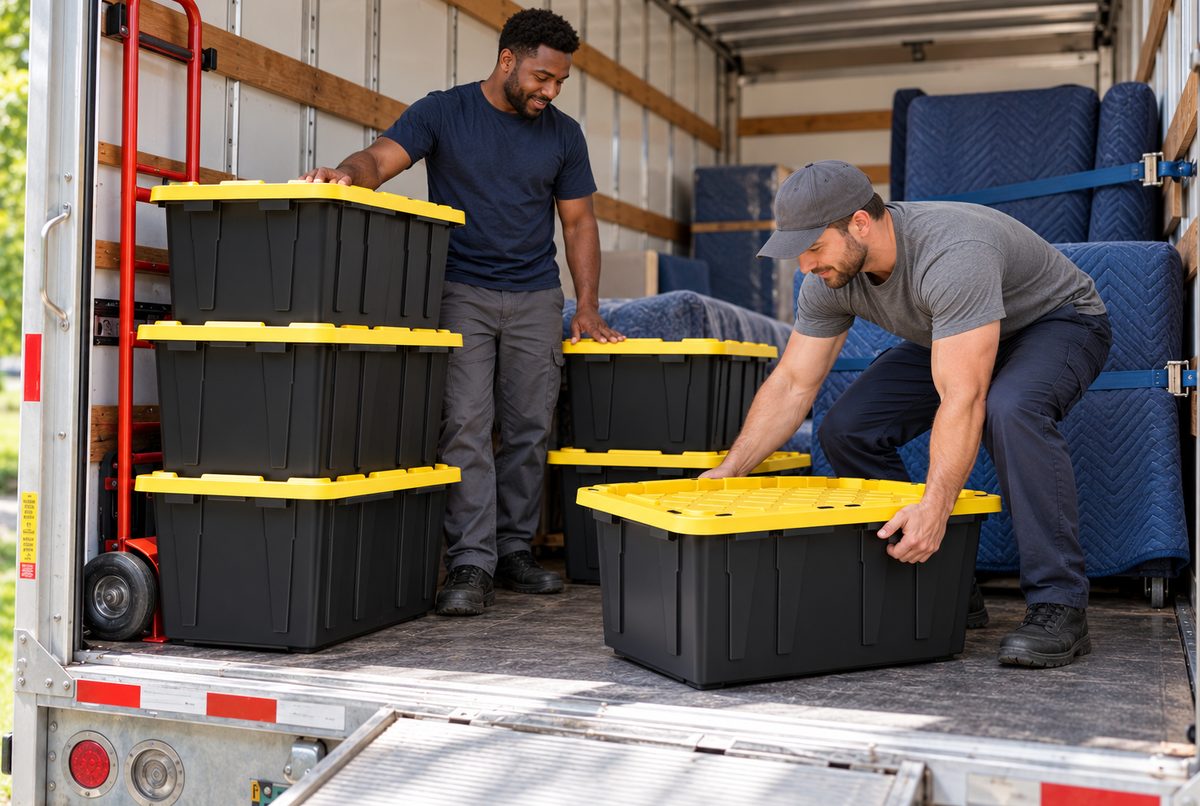 Two Durham Moving Totes crew members loading black totes with yellow lids into a moving truck