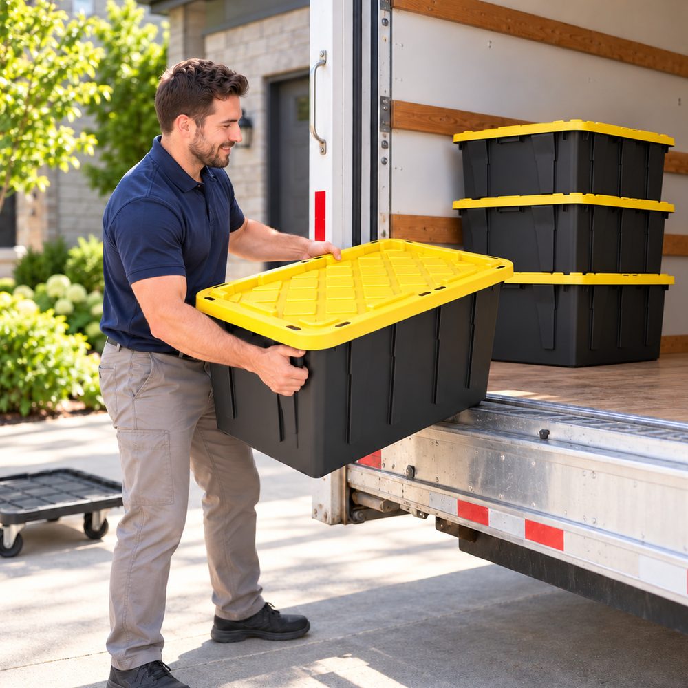 A Durham Moving Totes driver loading a tote into the delivery truck